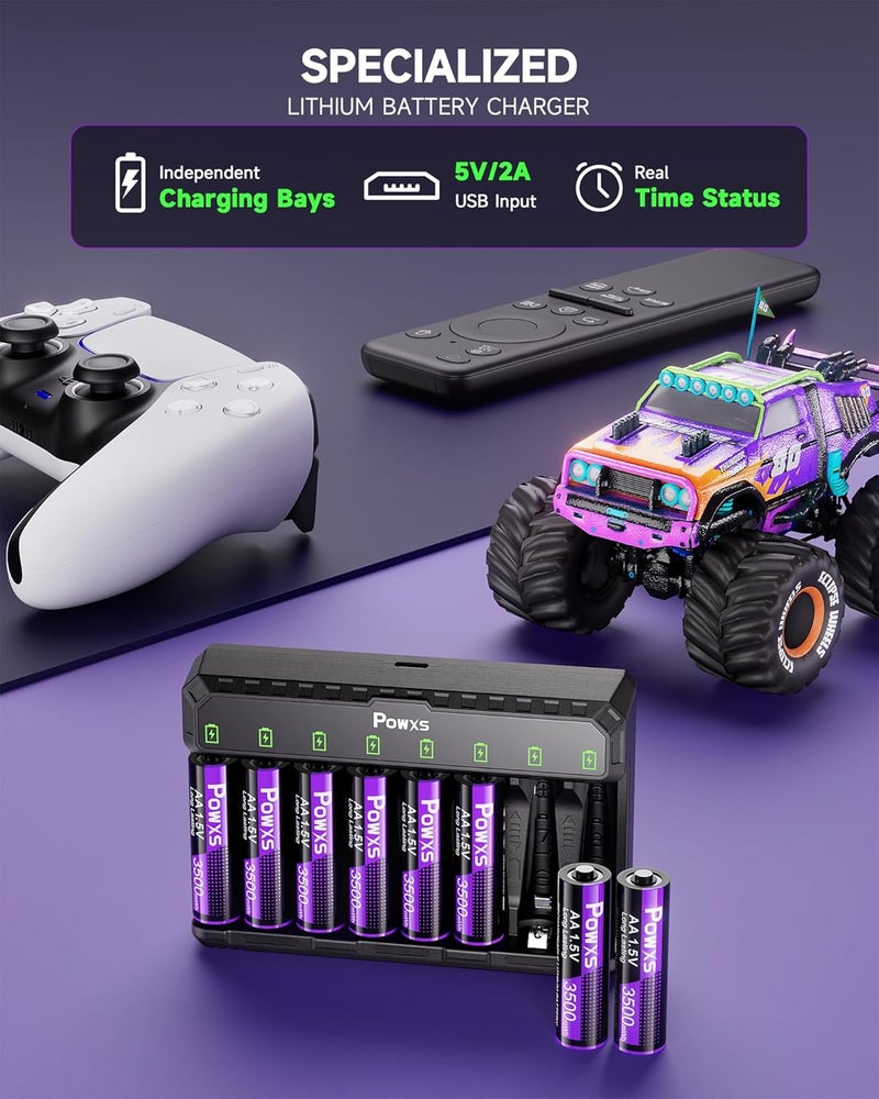 POWXS بطاريات ليثيوم AA قابلة لإعادة الشحن مع شاحن 8-pack 3500mWh، 2000 دورة محطة شحن سريعة Li-ion/Ni-MH، USB-C لكاميرا Blink/وحدة تحكم الألعاب، متوافقة مع AA/AAA (AA مشمولة) - Image 4